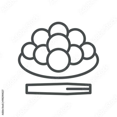 Warabi mochi on plate with fork outline icon. Japanese bracken starch jelly balls. Line vector illustration isolated on white