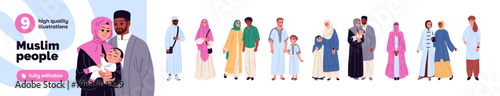 Muslim people set. Islamic men and women in hijab. Happy moslem family with baby. Different Arabs in traditional clothes. Middle east culture. Flat isolated vector illustrations on white background