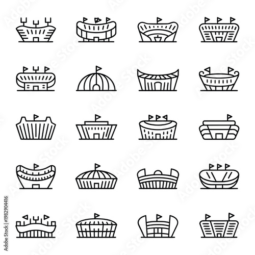 Collection of detailed line art icons depicting various stadium designs
