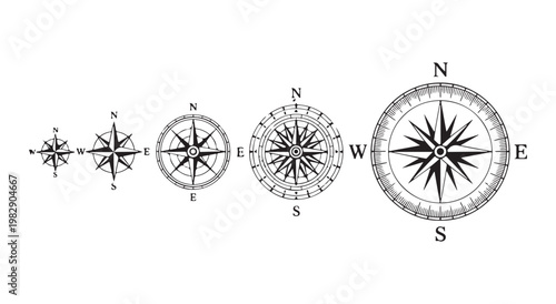 Set of vintage compass rose icons for nautical navigation and map design projects with antique maritime style.