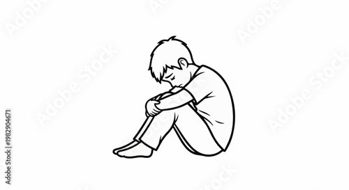 Lonely child drawn in outline, hunched over