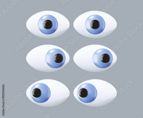 3D Eyes Set stylized human eyes in a simple minimalist style vector illustration. Cartoon 3D illustration. Eyes looking left, front and right for design projects, icons, posters, and symbolic concepts