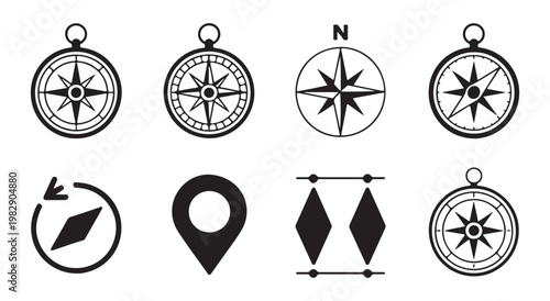 Pocket compass and location pin icons for outdoor mapping and navigational app interface designs in flat style.