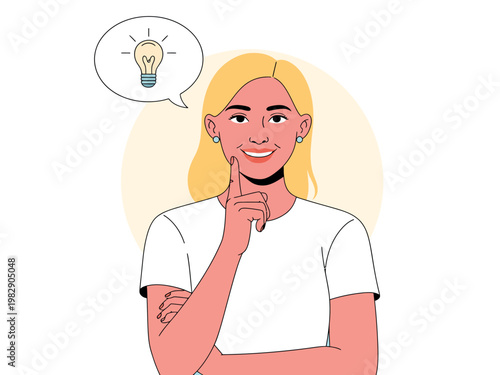 A cartoon woman with a thoughtful expression and a lightbulb idea above her head