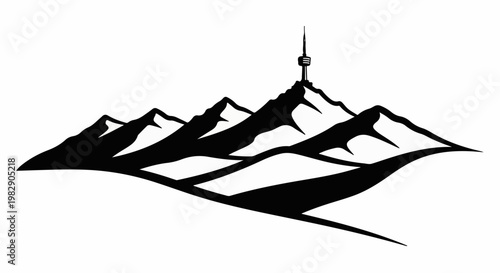 Stylized black and white mountain range with a prominent communication tower on summit
