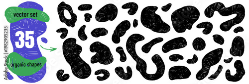 Crayon abstract organic shapes in black for animal pattern print. Bold charcoal blobs with irregular uneven texture as a vector set. Abstract chalk spots in splodge form for notebook design isolated.