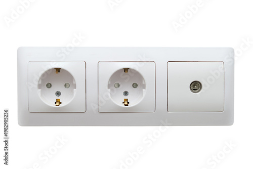 White electrical wall outlet and antenna socket on transparent background. Triple power block with grounded socket and coax connector for home electricity and television cable connection.