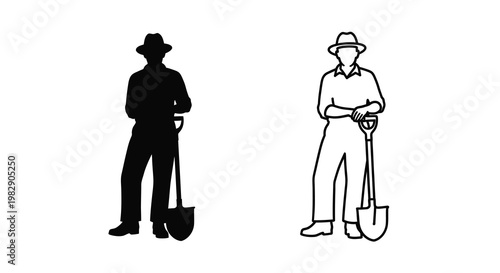 Two black and white depictions of a gardener holding a shovel differing in detail