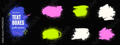 Neon spray frame spots with acid fuchsia lime and white paint splatter. Bold graffiti spray frames shapes for esport and punk rock poster. Dynamic vector texture with grainy noise and dot grit set.