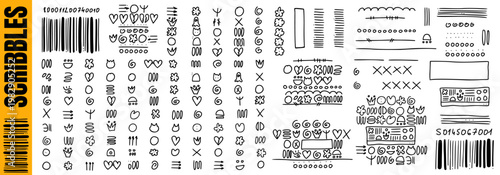 Scribble annotation doodle with outline handwriting symbols and rectangle. Quirky kids annotation in naive vector scribble sketch for decor. Playful dividers with hearts and flowers for fun isolated.