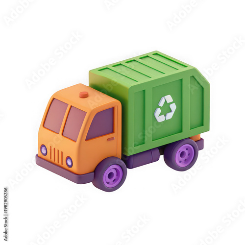 A green and orange garbage truck with a recycling symbol
