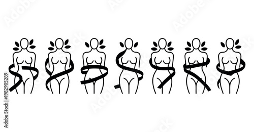 A black and white illustration of female body shapes with ribbons and leaves