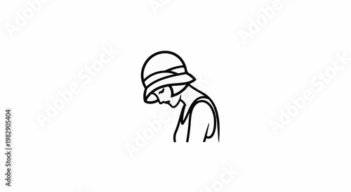 Artistic rendering of a woman in a cloche hat with head bowed
