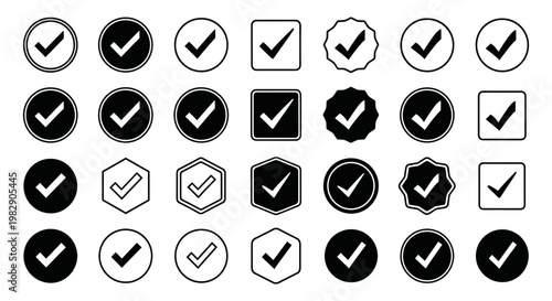 Checkmark and task completion icons set featuring various shapes and styles for user interface and document validation design