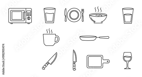 Kitchen appliance and dining utensil icon set featuring microwave and table service items in clean linear vector design style