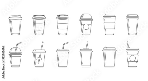 Set of ten different coffee cup line art icons for cafe menus and takeaway branding designs on white background