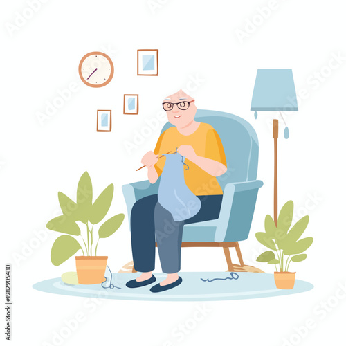 Elderly woman knitting in chair cartoon illustration indoor scene