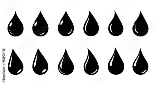 Black water drop icons set featuring twelve unique liquid droplets for environmental and hydration branding concepts