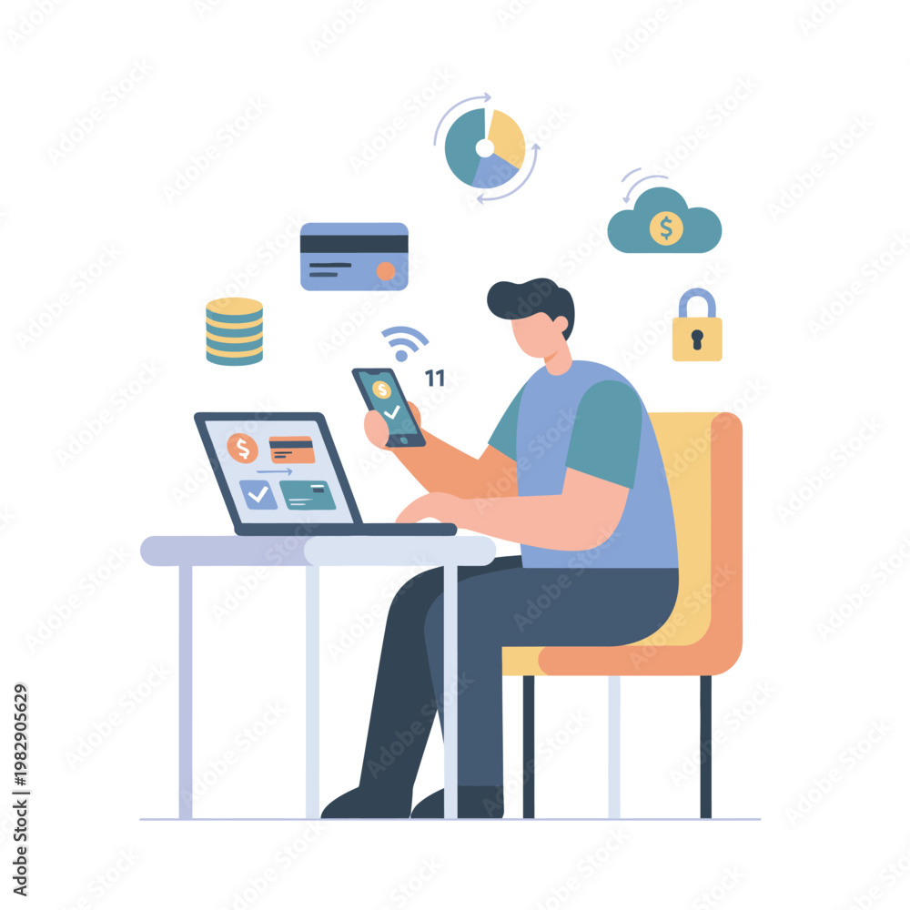 Fototapeta premium Man Using Mobile Phone with Financial Icons Surrounding Him