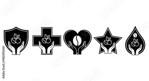 Coffee bean icons held in hands inside various shapes for specialty coffee brands