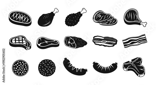 Set of various meat products represented as black and white silhouette icons