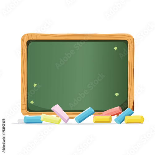 Green chalkboard with colorful chalk pieces on white background