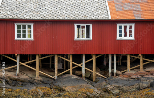 Traditional red rorbu houses on low tide. Lofoten Islands Norway