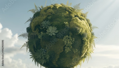 Tiny planet covered in lush green moss and fern leaves floating in a bright cloudy sky