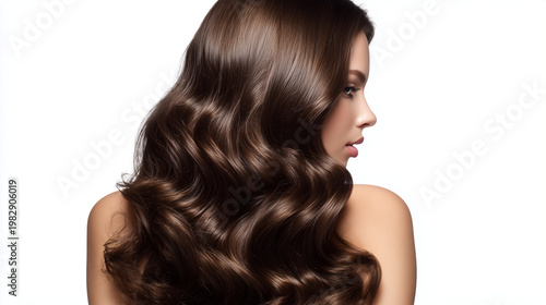 Vue de profil professionnelle d'un mannequin féminin aux extensions brunes ondulées, épaisses, volumineuses et extra-longues. Isolé sur fond blanc