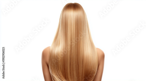 Vue de dos professionnelle d'un mannequin féminin aux extensions blondes, lisses et soyeuses, extra-longues. Isolé sur fond blanc