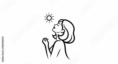 Woman in profile looking up at the sun, hands clasped