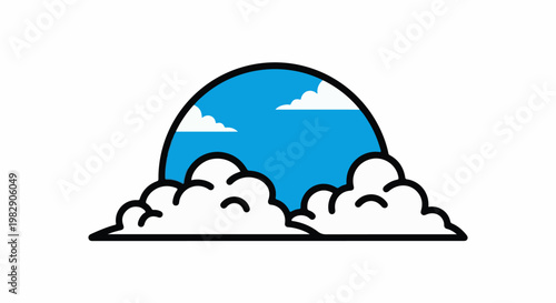 Stylized clouds and blue sky forming a circular shape against white background