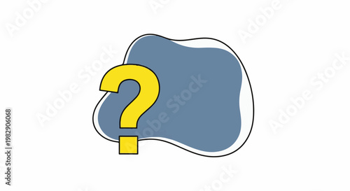 Yellow question mark superimposed on a blue abstract shape with black outline