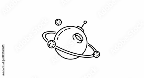Simple line art of a planet with rings and moons