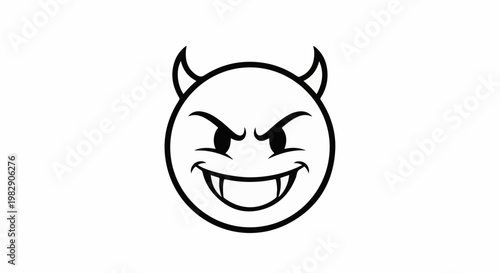 A cartoon devil face with sharp teeth and menacing eyes