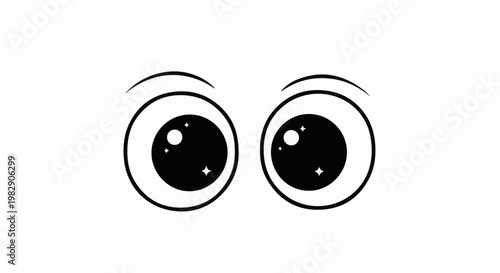 A cartoonish black and white illustration of wide, expressive eyes with shiny pupils