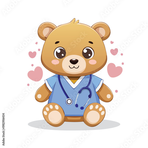 Cartoon teddy bear doctor wearing scrubs and stethoscope in medical illustration