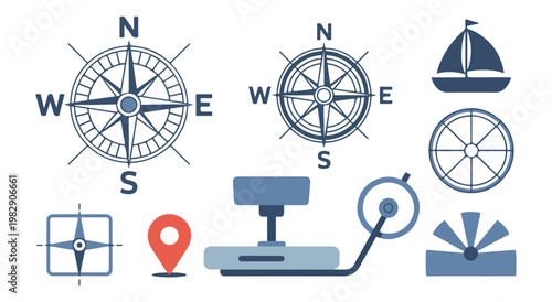 Set of vector compasses and marine navigation elements including sailboat steering wheel and GPS pointer.