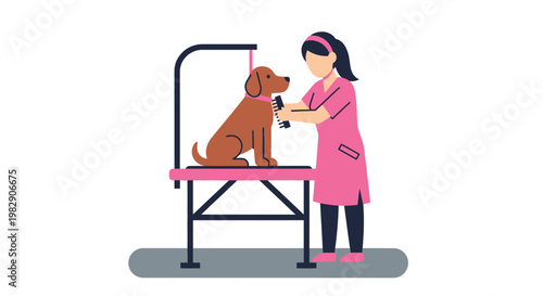 Veterinarian examining golden retriever on clinic table with pet owner assistance