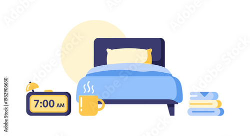 Flat lay morning routine concept with alarm clock, bed, and cozy essentials at 7 AM