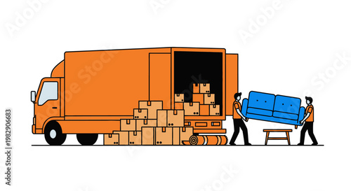 Two workers unloading cardboard boxes from orange delivery truck in urban setting