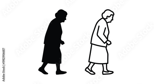 Two elderly women are depicted walking in a simple black and white line drawing