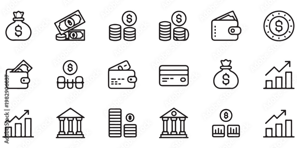 Fototapeta premium Monetary transaction icon bundle including coin stacks bank architecture wallet dollar bags and analytical success charts.