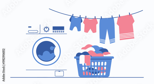 Flat lay laundry day concept with washing machine, clothesline, and colorful clothing