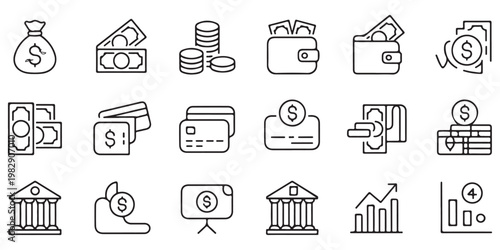 Collection of financial and banking line icons featuring money bags, wallets, credit cards, and bank buildings.