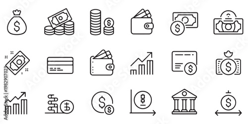Outline icons for finance and business displaying money, wallets, credit cards, and upward trending graphs.