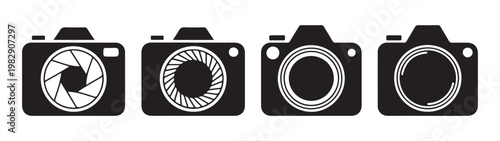 Set of four black camera icons featuring aperture variations and lens details isolated on transparent background.