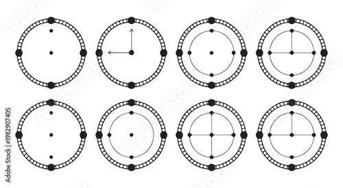 Minimalist circular clock face icons collection with various dial designs and geometric technical line styles.