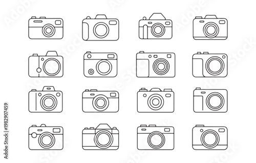 Grid of sixteen line art camera icons, varying styles from vintage to modern, on transparent background.