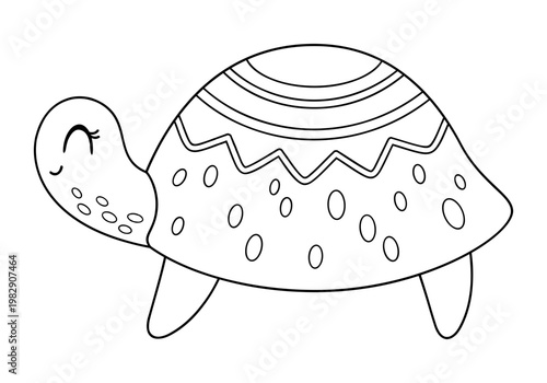 Cute turtle coloring page, Cartoon turtle coloring book for kids and adults, Outline Doodle style, Kids vector illustration.